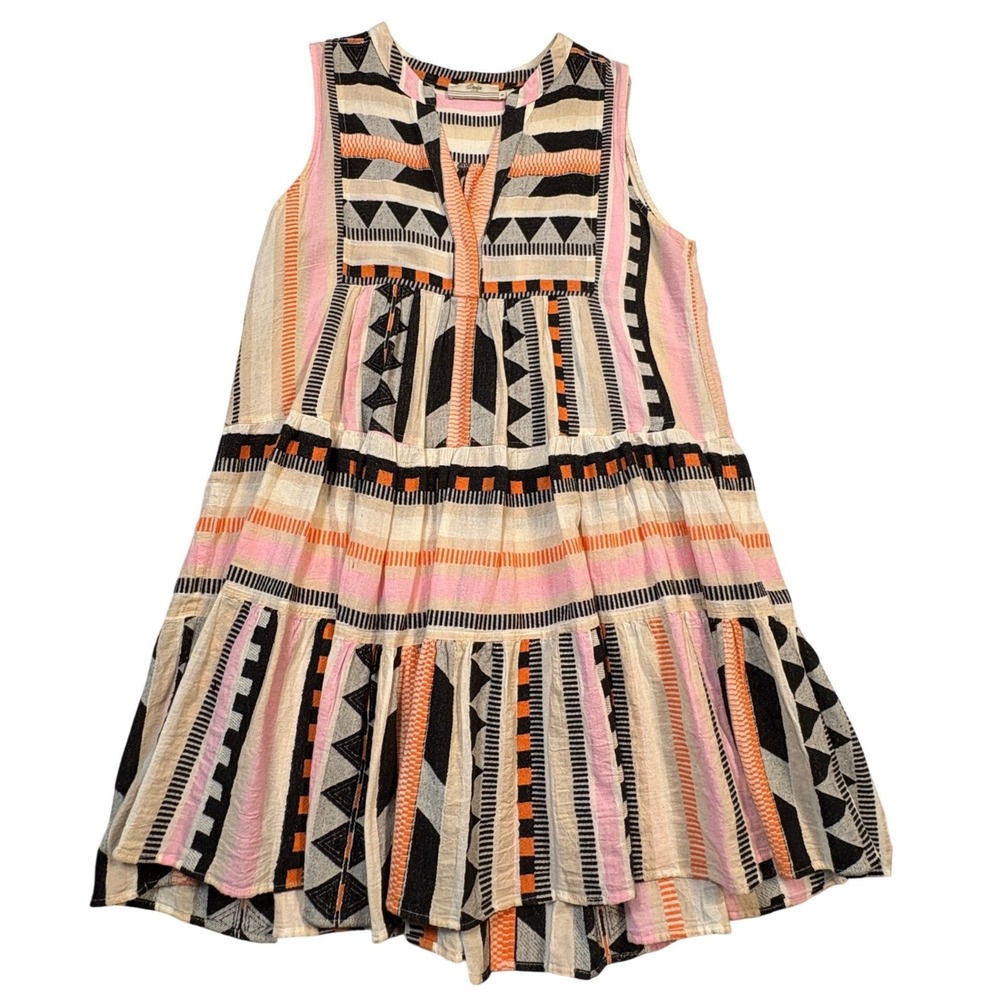 Devotion Twins Sleeveless Tiered Cotton Mini Dress Geometric Pink Orange Small